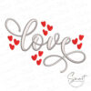 Love Embroidery Design, cursive script lettering with scattered heart accents, digital download