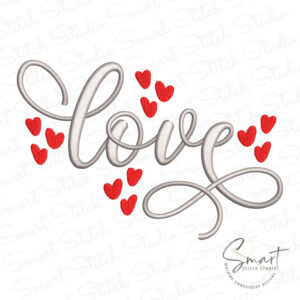 Love Embroidery Design, cursive script lettering with scattered heart accents, digital download