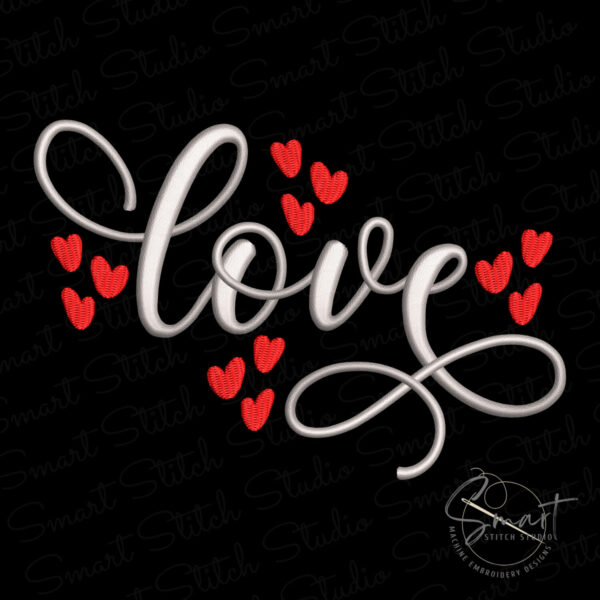 Valentines Day Embroidery Design featuring love script with heart details, machine embroidery file