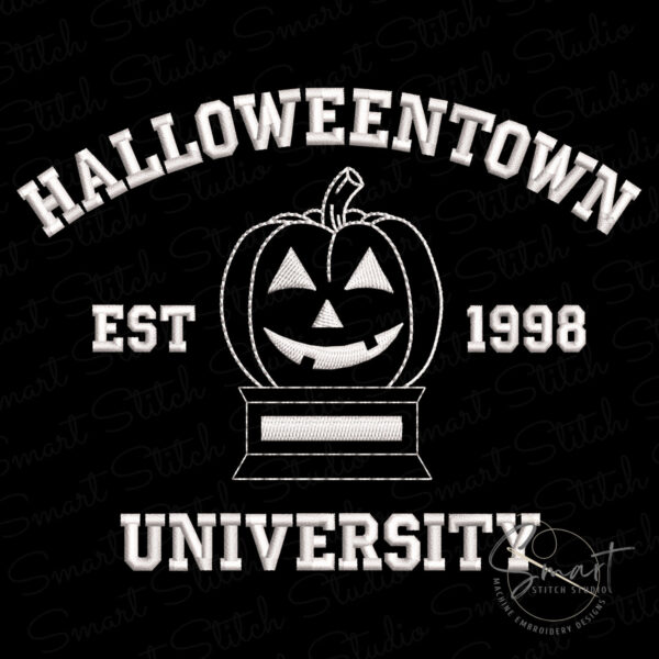 halloween-town-university-embroidery-design Halloween Town University Embroidery Design featuring varsity block text and pumpkin trophy icon