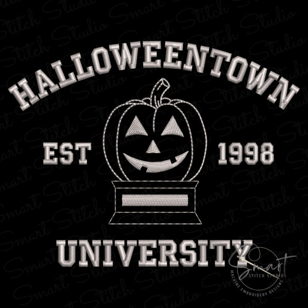 halloweentown-embroidery-design Halloweentown Embroidery Design, collegiate style lettering with a smiling pumpkin trophy