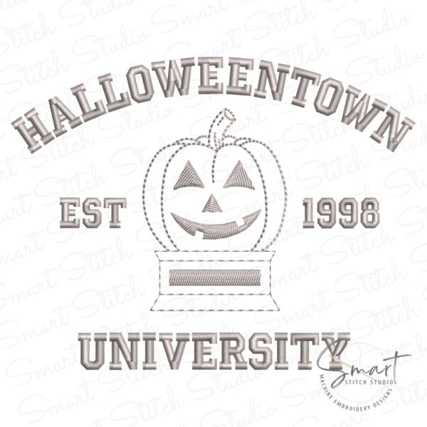 halloweentown-machine-embroidery-file Halloweentown Machine Embroidery File with EST 1998 varsity text and jack-o'-lantern design