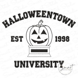 Halloweentown University Embroidery Design, collegiate arched lettering with jack-o'-lantern trophy
