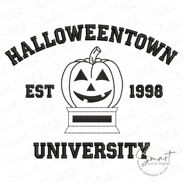 halloweentown-university-embroidery-design Halloweentown University Embroidery Design, collegiate arched lettering with jack-o'-lantern trophy