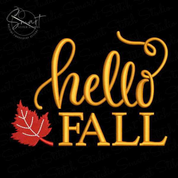 autumn-fall-embroidery-design Autumn Fall Embroidery Design featuring cursive hello lettering with a maple leaf accent