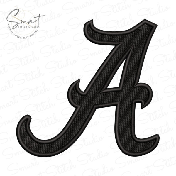 Alabama A embroidery design in crimson and white thread colors on black background