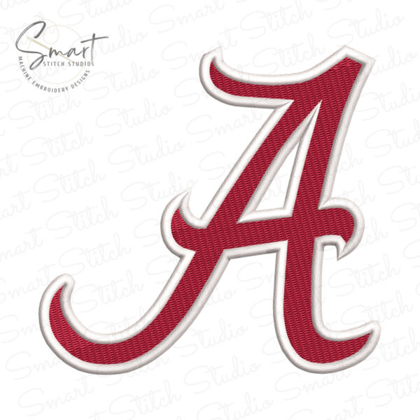 Alabama A embroidery design in crimson and white thread colors on white background